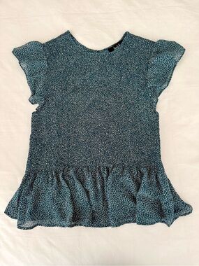 Lipslide Smocked Teal Floral Ruffle Peplum Blouse Flutter Sleeve Size L